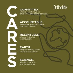 Graphic of OrthoLite CARES - Committed, accountable, relentless, earth, science